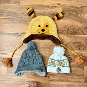 Lot of 3 Mixed Style Unisex Kids Hogwarts Bear Gray Beanie Hat Pom OSFM
